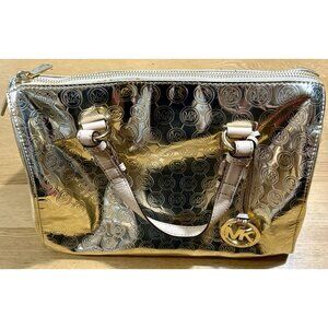 Michael Kors Grayson Gold Metallic MK Monogram Logo Medium Purse Satchel